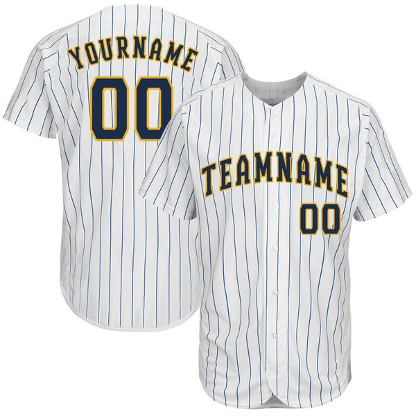 Custom White Royal Strip Navy-Gold Baseball Jersey