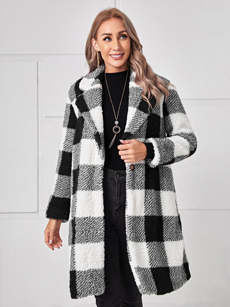 Notch Collar Buffalo Plaid Teddy Coat