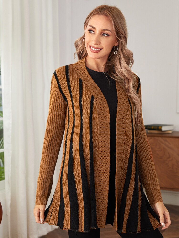 Stripe Pattern Eyelet Detail Duster Cardigan