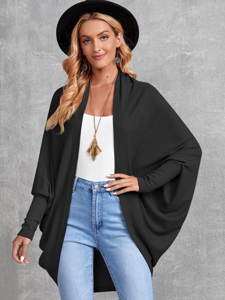 Batwing Sleeve Rib-knit Open Front Coat