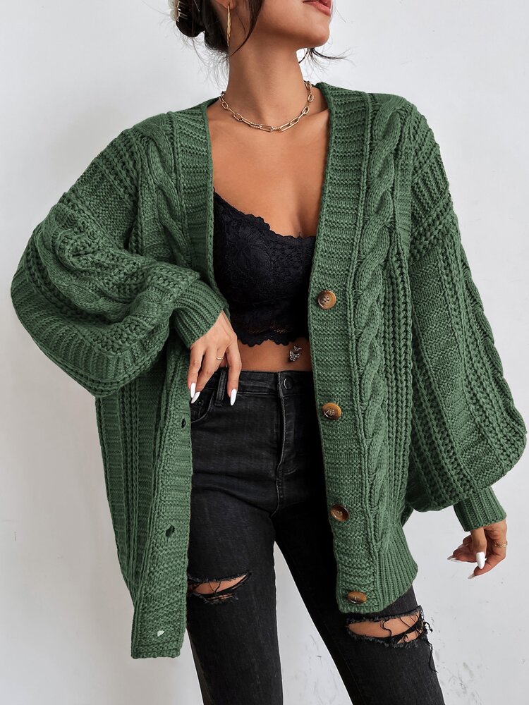 Solid Button Front Cable Knit Cardigan