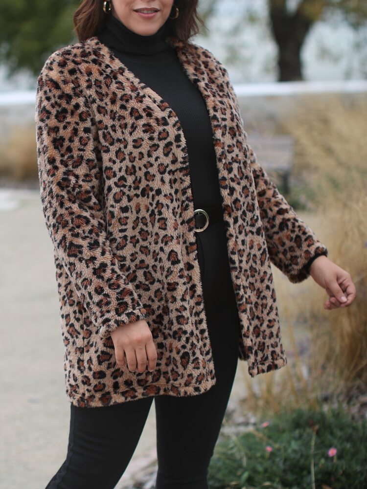 Plus Leopard Print Teddy Coat