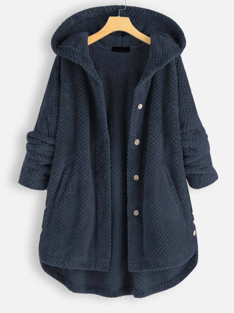 Plus Flannel Single Breasted High Low Hem Hooded Coat NBW4LQL