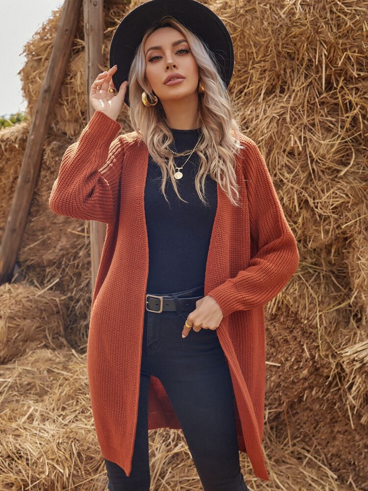 Solid Raglan Sleeve Open Front Cardigan
