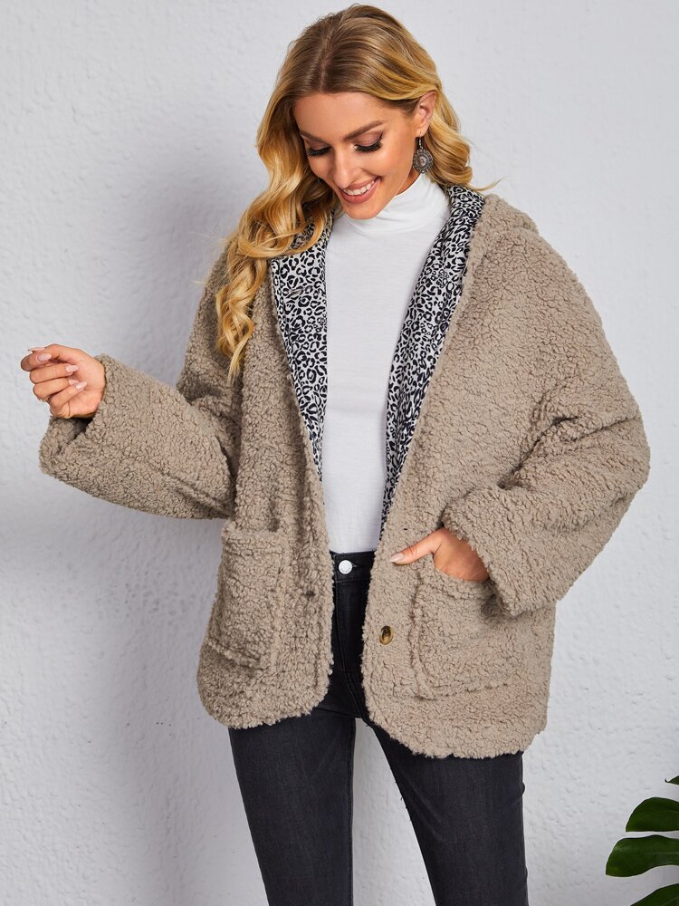 Leopard Lined Patch Pocket Hooded Teddy Coat